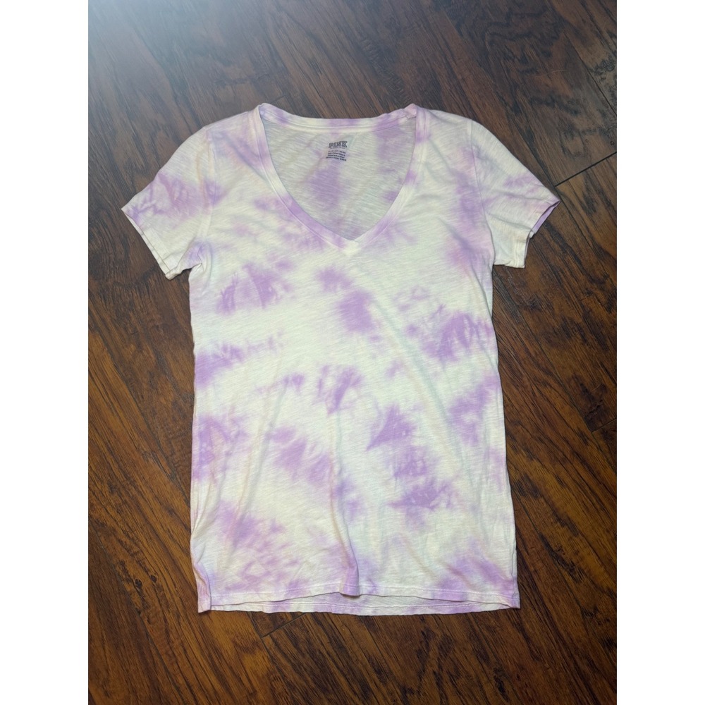 Victoria's Secret PINK V-Neck T-Shirt Purple White Tie Dye Slub Knit XS